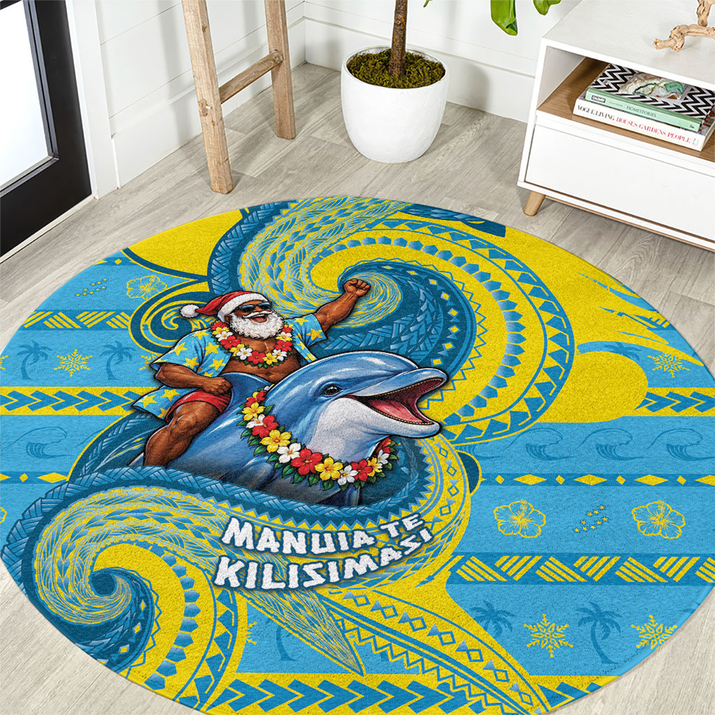 Tuvalu Christmas Round Carpet Santa Riding Ocean Dolphin DT05 Blue - Polynesian Pride