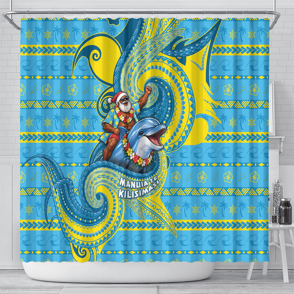 Tuvalu Christmas Shower Curtain Santa Riding Ocean Dolphin