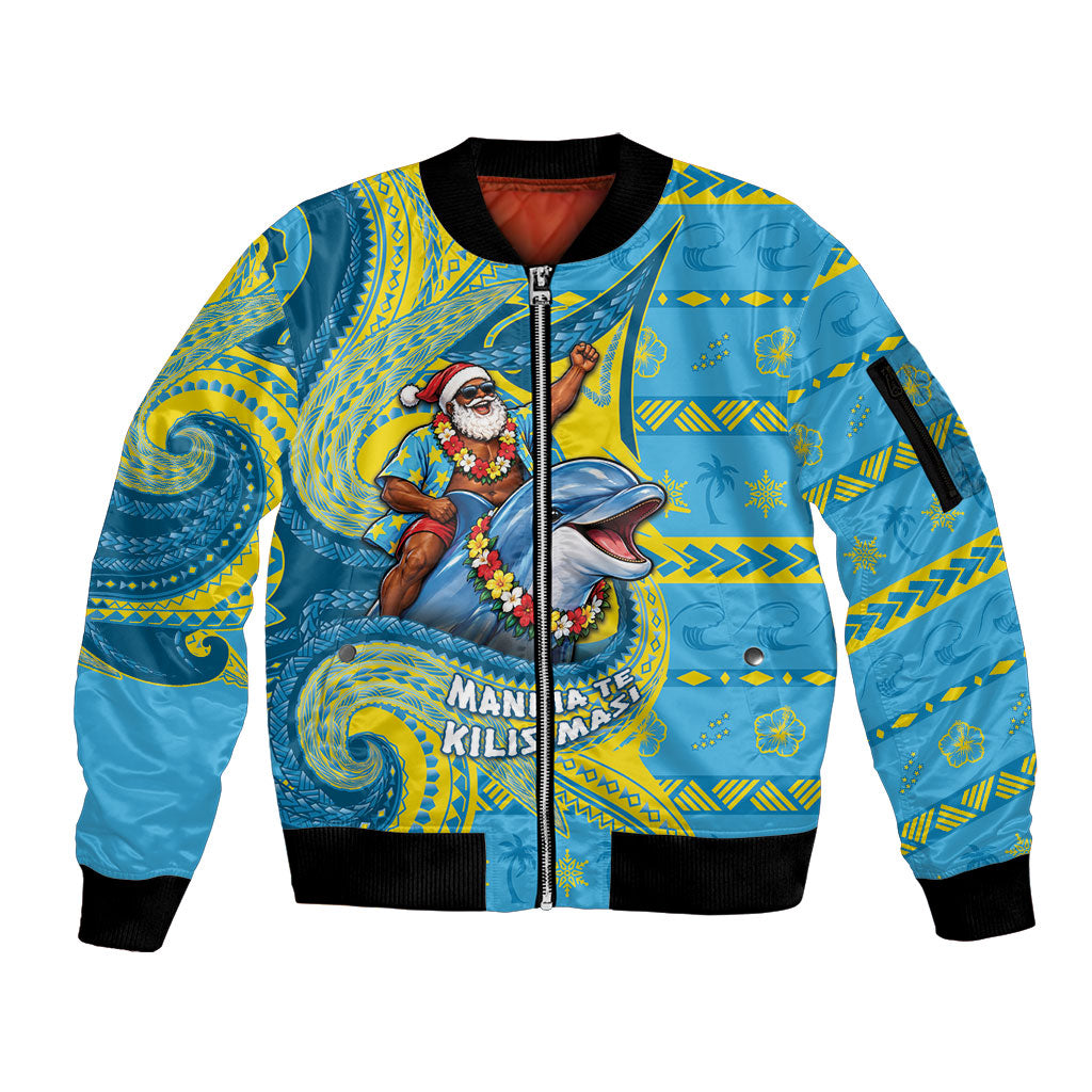 Tuvalu Christmas Sleeve Zip Bomber Jacket Santa Riding Ocean Dolphin
