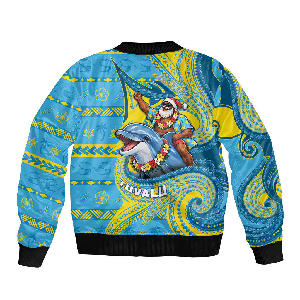 Tuvalu Christmas Sleeve Zip Bomber Jacket Santa Riding Ocean Dolphin
