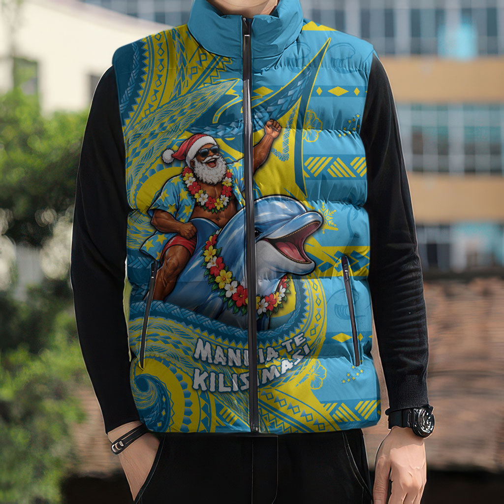 Tuvalu Christmas Sleeveless Puffer Jacket Santa Riding Ocean Dolphin DT05 - Polynesian Pride