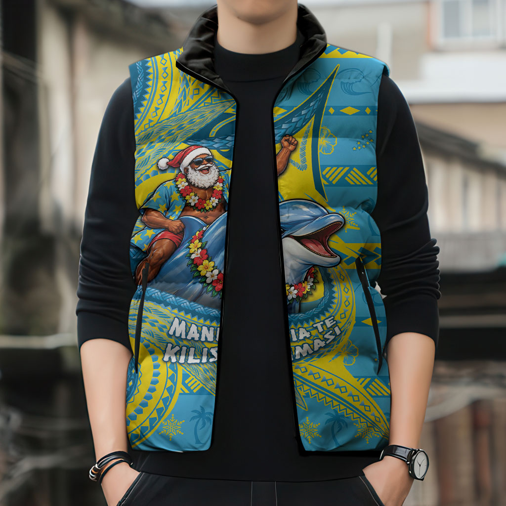 Tuvalu Christmas Sleeveless Puffer Jacket Santa Riding Ocean Dolphin DT05 - Polynesian Pride