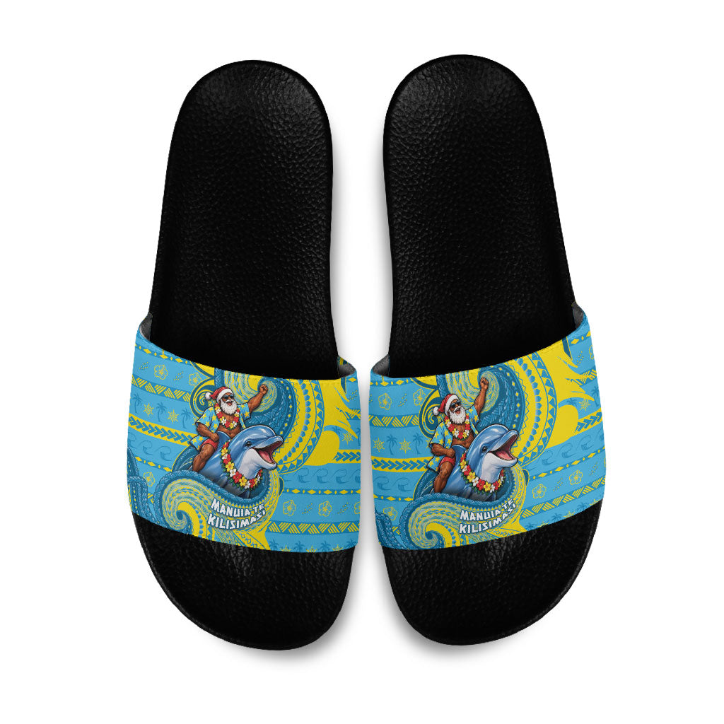 Tuvalu Christmas Slide Sandals Santa Riding Ocean Dolphin DT05 Blue - Polynesian Pride