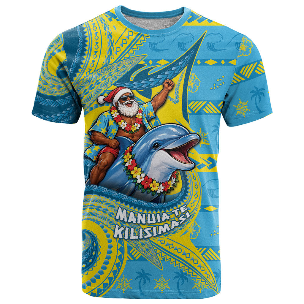 Tuvalu Christmas T Shirt Santa Riding Ocean Dolphin