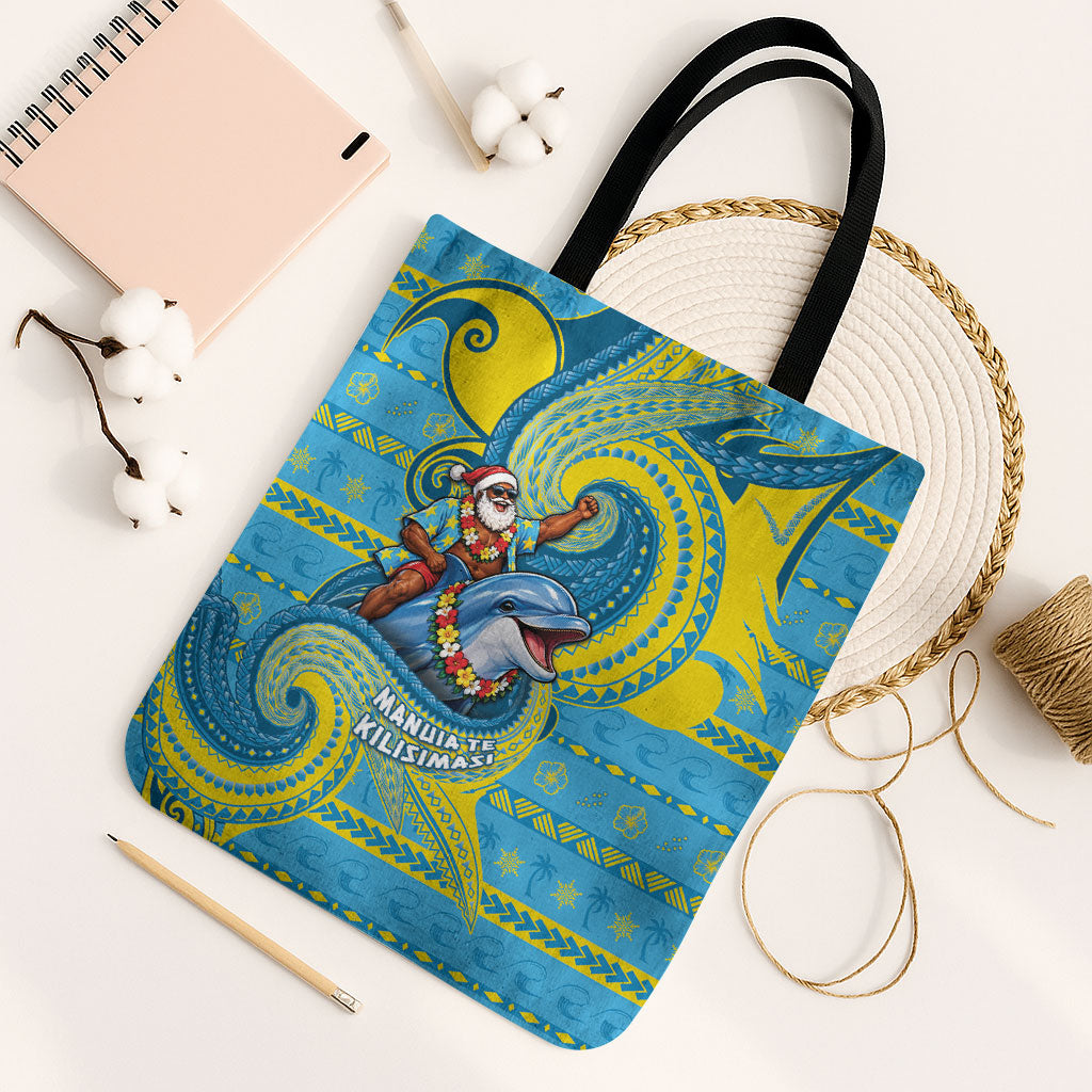 Tuvalu Christmas Tote Bag Santa Riding Ocean Dolphin DT05 Black Strap One Size Blue - Polynesian Pride
