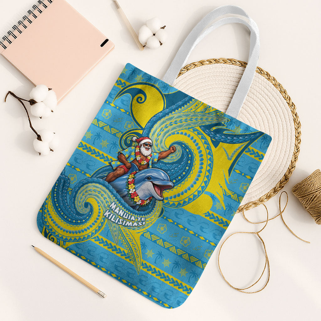 Tuvalu Christmas Tote Bag Santa Riding Ocean Dolphin DT05 White Strap One Size Blue - Polynesian Pride