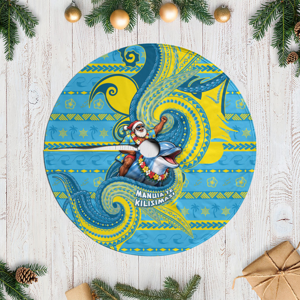 Tuvalu Christmas Tree Skirt Santa Riding Ocean Dolphin DT05 Casual Blue - Polynesian Pride