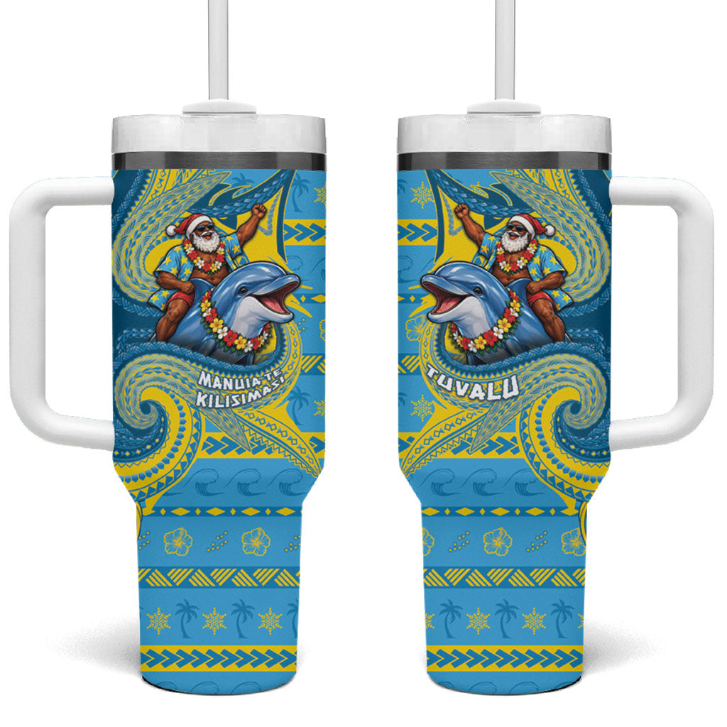 Tuvalu Christmas Tumbler With Handle Santa Riding Ocean Dolphin DT05 One Size: 40 oz Blue - Polynesian Pride