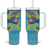 Tuvalu Christmas Tumbler With Handle Santa Riding Ocean Dolphin DT05 One Size: 40 oz Blue - Polynesian Pride
