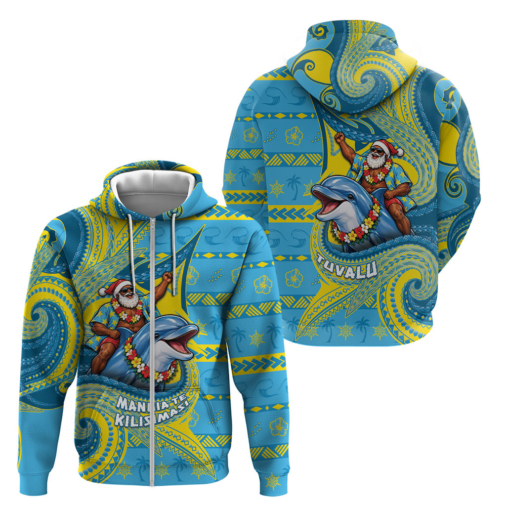 Tuvalu Christmas Zip Hoodie Santa Riding Ocean Dolphin DT05 - Polynesian Pride