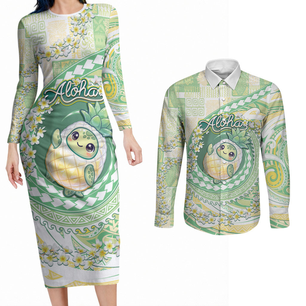 Hawaii Pineapple Couples Matching Long Sleeve Bodycon Dress and Long Sleeve Button Shirt Cute Cosplay Turtle Plumeria Spiral