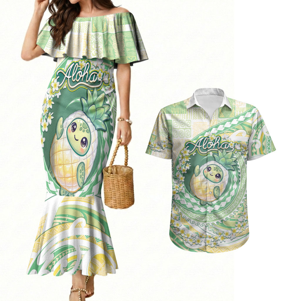 Hawaii Pineapple Couples Matching Mermaid Dress and Hawaiian Shirt Cute Cosplay Turtle Plumeria Spiral DT05 Mint - Polynesian Pride