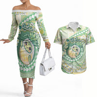 Hawaii Pineapple Couples Matching Off The Shoulder Long Sleeve Dress and Hawaiian Shirt Cute Cosplay Turtle Plumeria Spiral DT05 Mint - Polynesian Pride