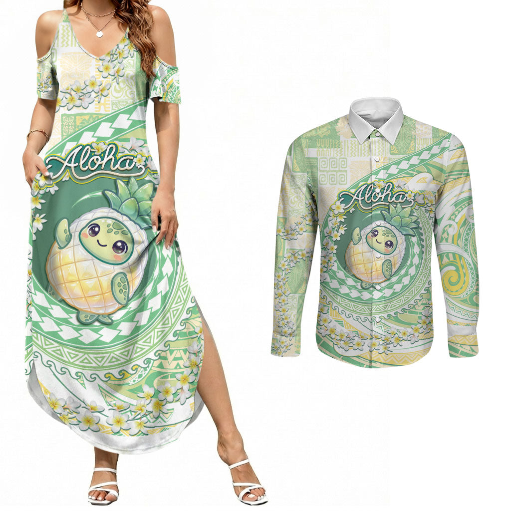 Hawaii Pineapple Couples Matching Summer Maxi Dress and Long Sleeve Button Shirt Cute Cosplay Turtle Plumeria Spiral