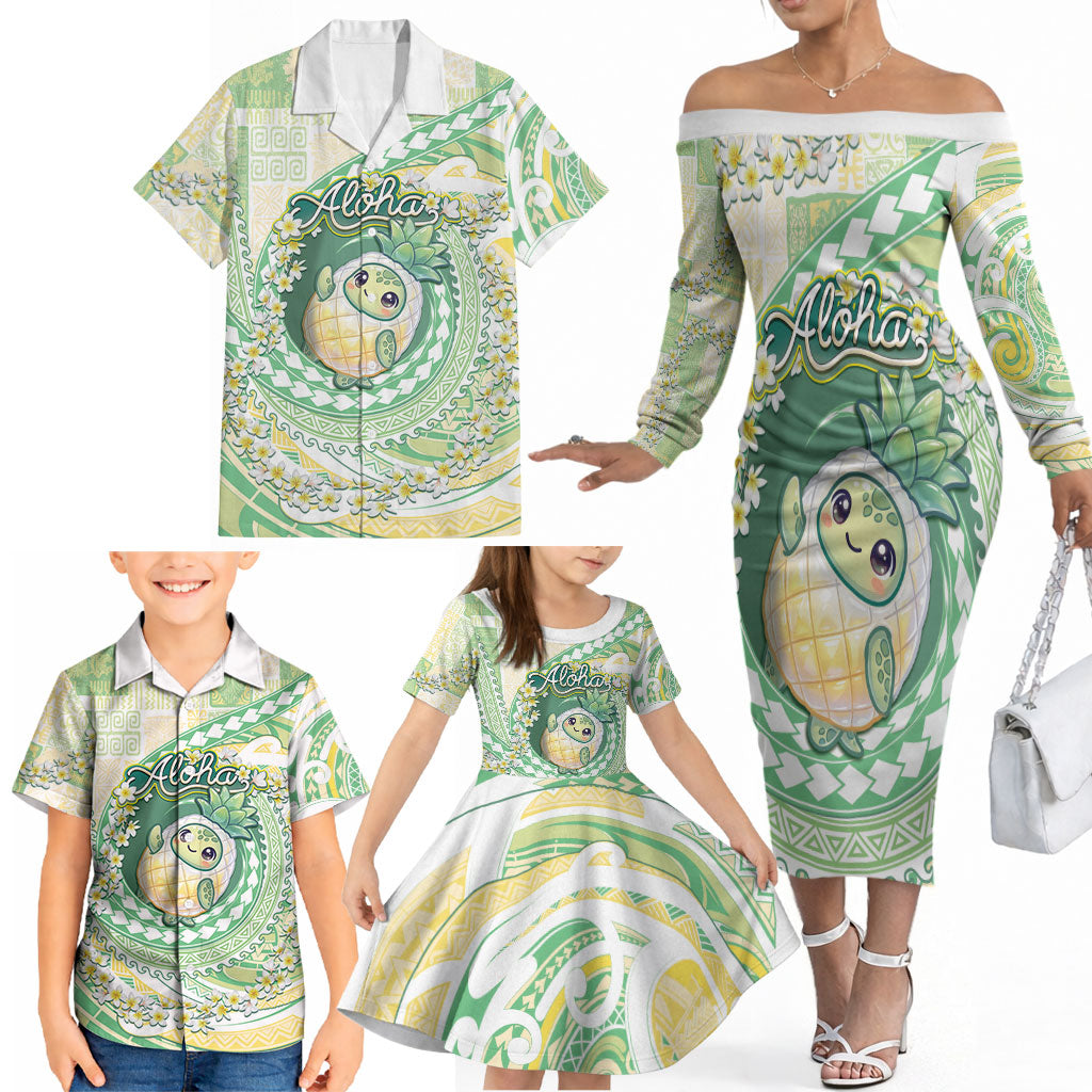 Hawaii Pineapple Family Matching Off The Shoulder Long Sleeve Dress and Hawaiian Shirt Cute Cosplay Turtle Plumeria Spiral DT05 - Polynesian Pride