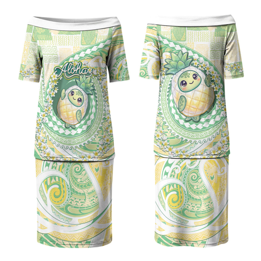 Hawaii Pineapple Family Matching Puletasi and Hawaiian Shirt Cute Cosplay Turtle Plumeria Spiral DT05 Mom's Dress Mint - Polynesian Pride