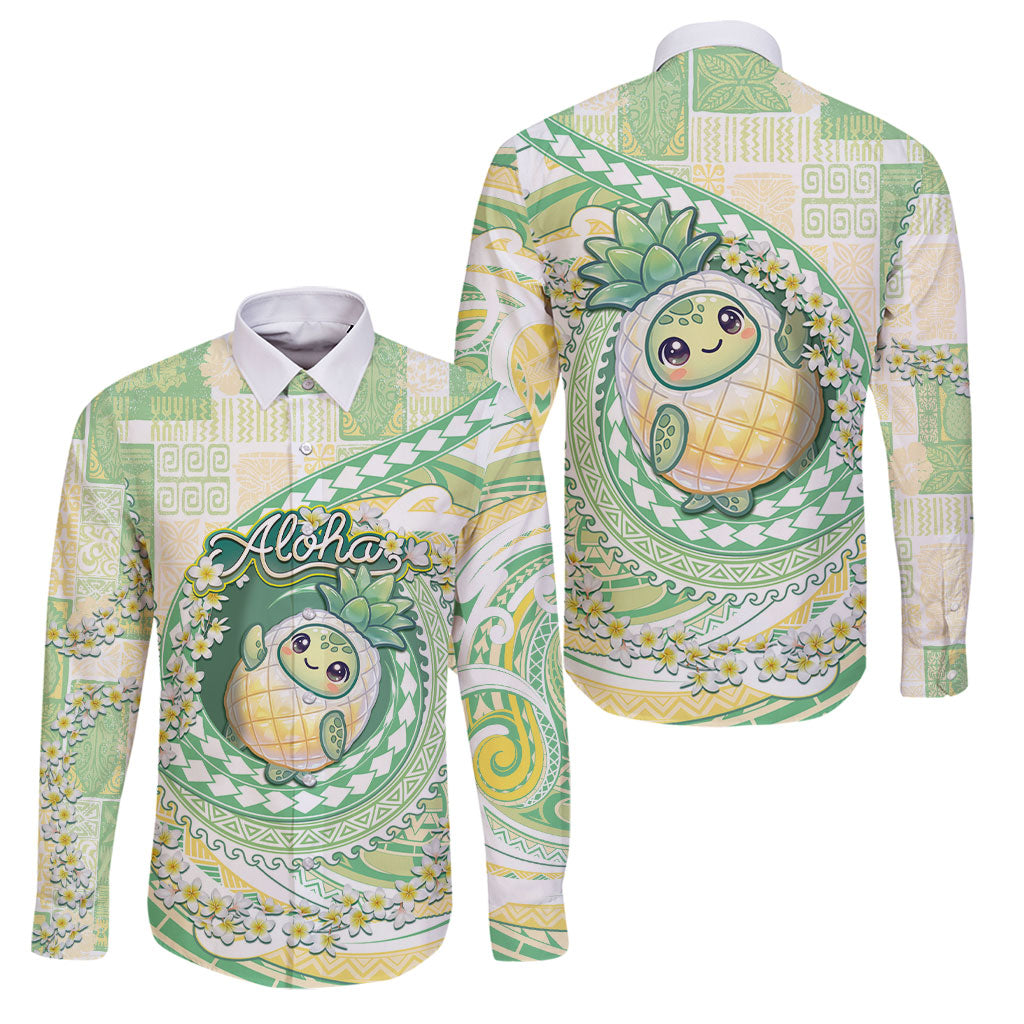 Hawaii Pineapple Family Matching Puletasi and Hawaiian Shirt Cute Cosplay Turtle Plumeria Spiral DT05 Dad's Shirt - Long Sleeve Mint - Polynesian Pride