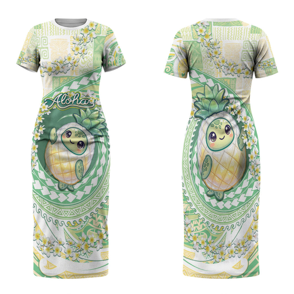 Hawaii Pineapple Family Matching Short Sleeve Bodycon Dress and Hawaiian Shirt Cute Cosplay Turtle Plumeria Spiral DT05 Mom's Dress Mint - Polynesian Pride