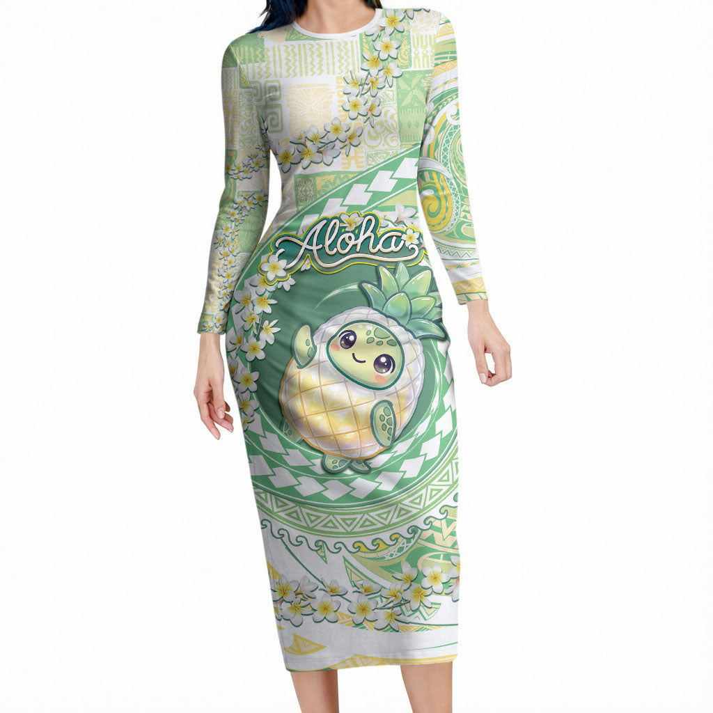 Hawaii Pineapple Long Sleeve Bodycon Dress Cute Cosplay Turtle Plumeria Spiral DT05 Long Dress Mint - Polynesian Pride