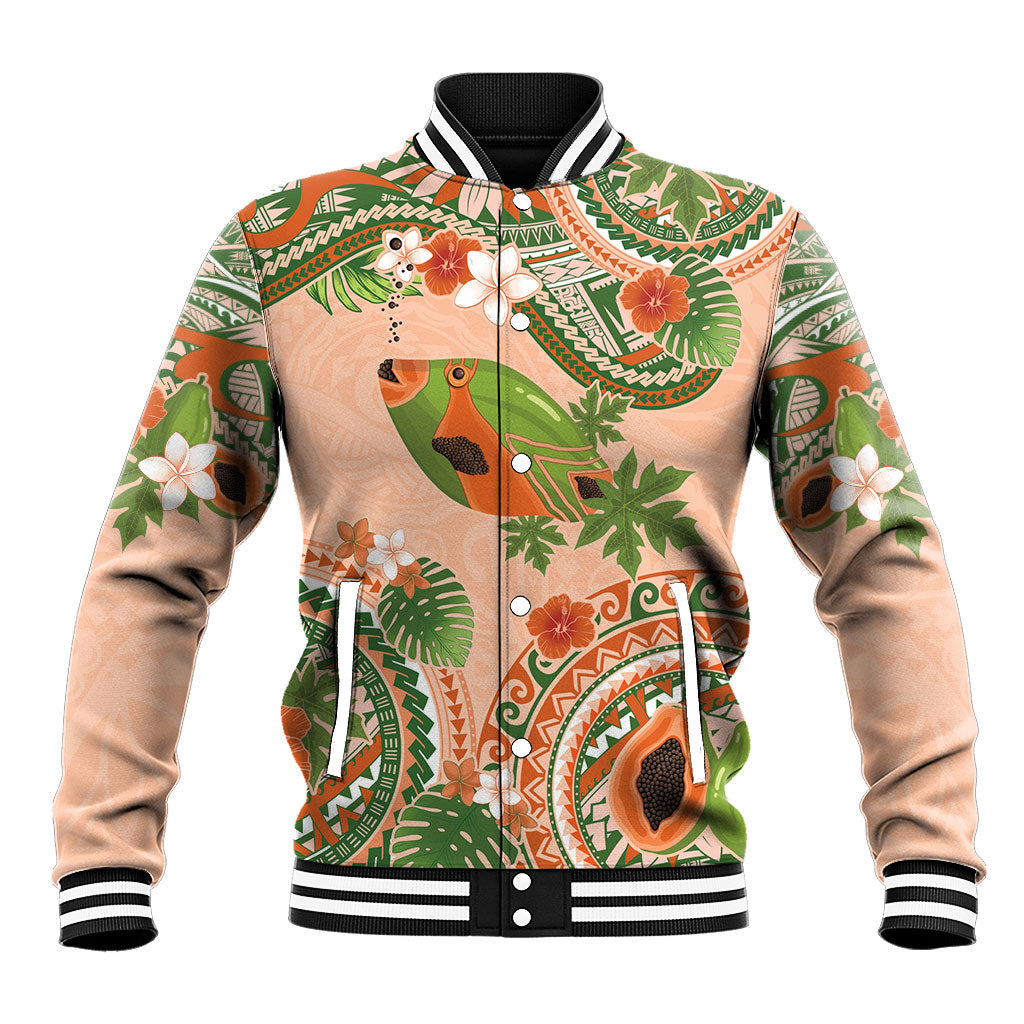 Hawaii Papaya Baseball Jacket Cute Cosplay Humuhumu Fish Plumeria Waves DT05 Unisex Orange - Polynesian Pride
