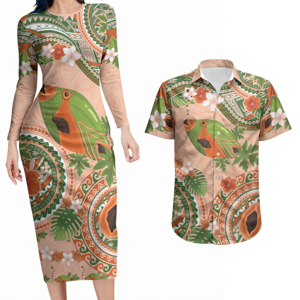 Hawaii Papaya Couples Matching Long Sleeve Bodycon Dress and Hawaiian Shirt Cute Cosplay Humuhumu Fish Plumeria Waves