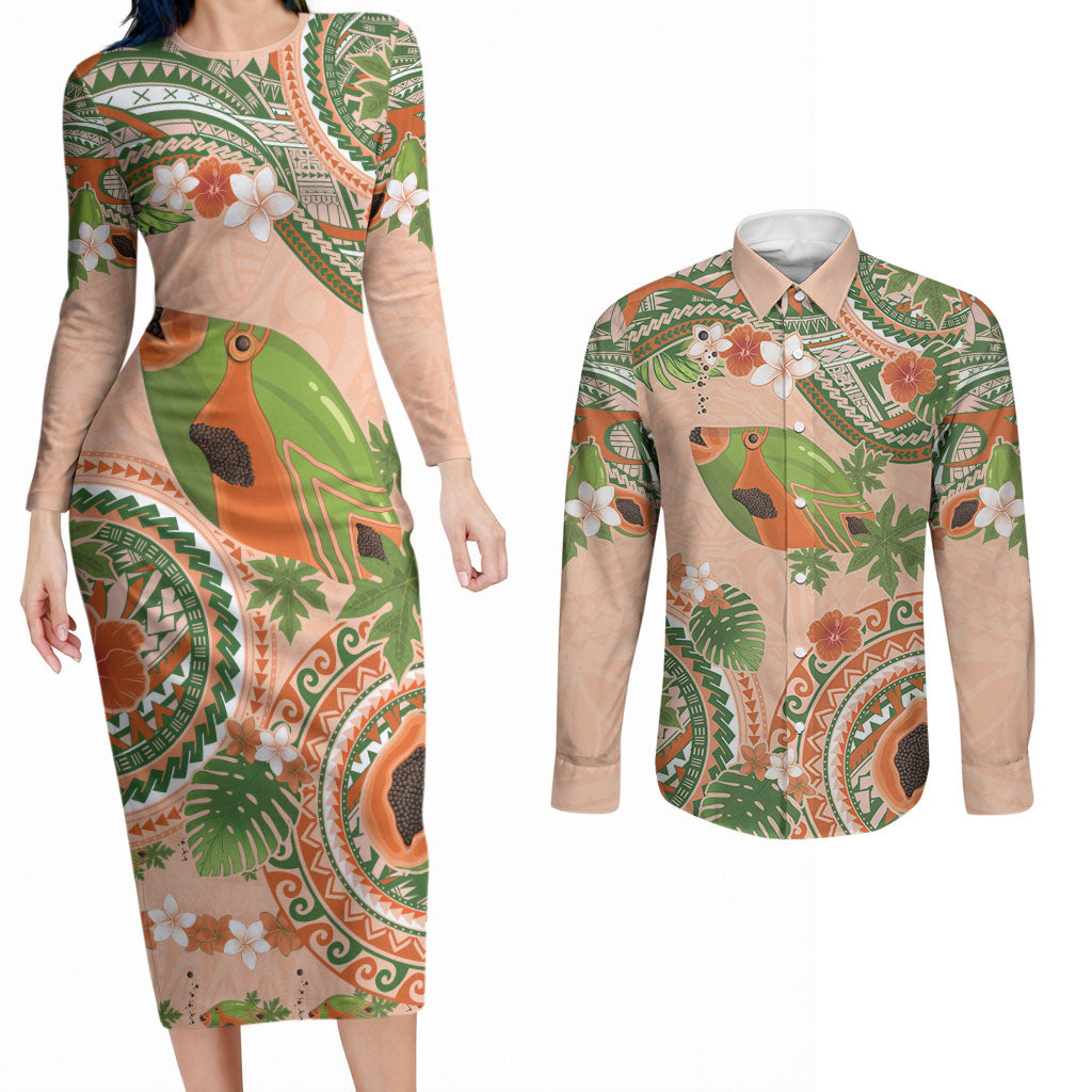 Hawaii Papaya Couples Matching Long Sleeve Bodycon Dress and Long Sleeve Button Shirt Cute Cosplay Humuhumu Fish Plumeria Waves
