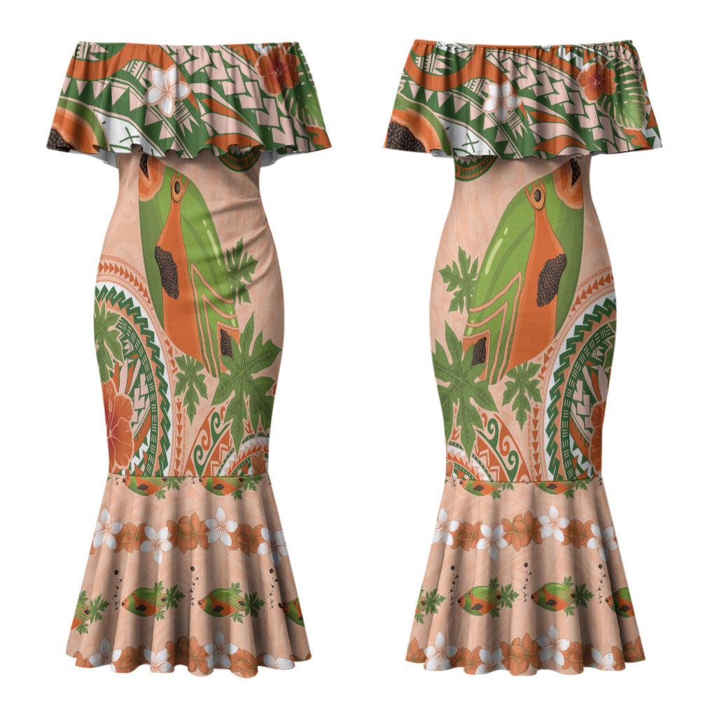 Hawaii Papaya Couples Matching Mermaid Dress and Hawaiian Shirt Cute Cosplay Humuhumu Fish Plumeria Waves DT05 - Polynesian Pride