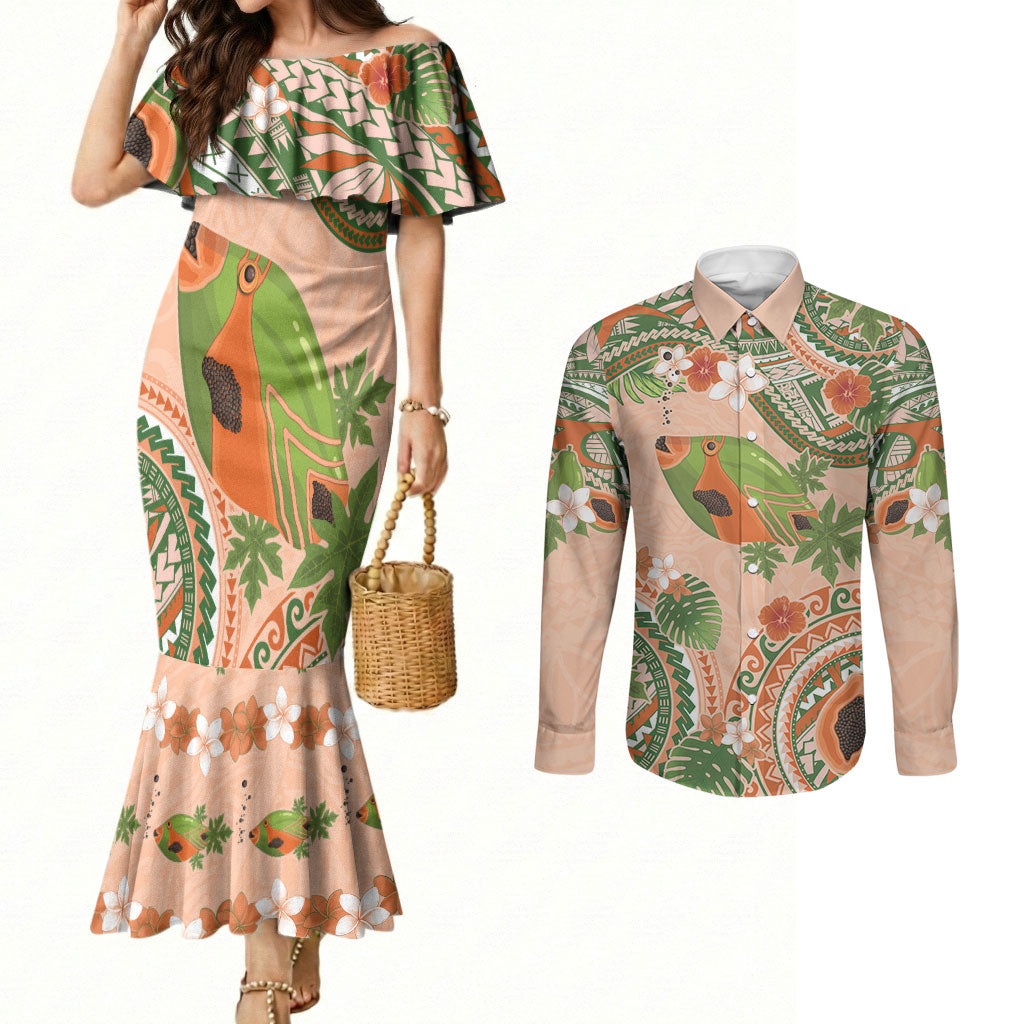 Hawaii Papaya Couples Matching Mermaid Dress and Long Sleeve Button Shirt Cute Cosplay Humuhumu Fish Plumeria Waves