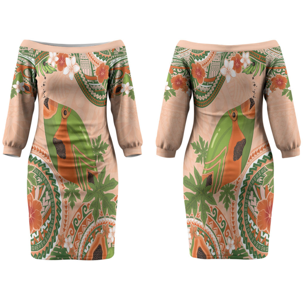 Hawaii Papaya Couples Matching Off The Shoulder Long Sleeve Dress and Hawaiian Shirt Cute Cosplay Humuhumu Fish Plumeria Waves DT05 - Polynesian Pride
