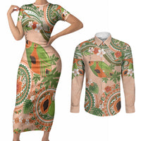 Hawaii Papaya Couples Matching Short Sleeve Bodycon Dress and Long Sleeve Button Shirt Cute Cosplay Humuhumu Fish Plumeria Waves DT05 Orange - Polynesian Pride