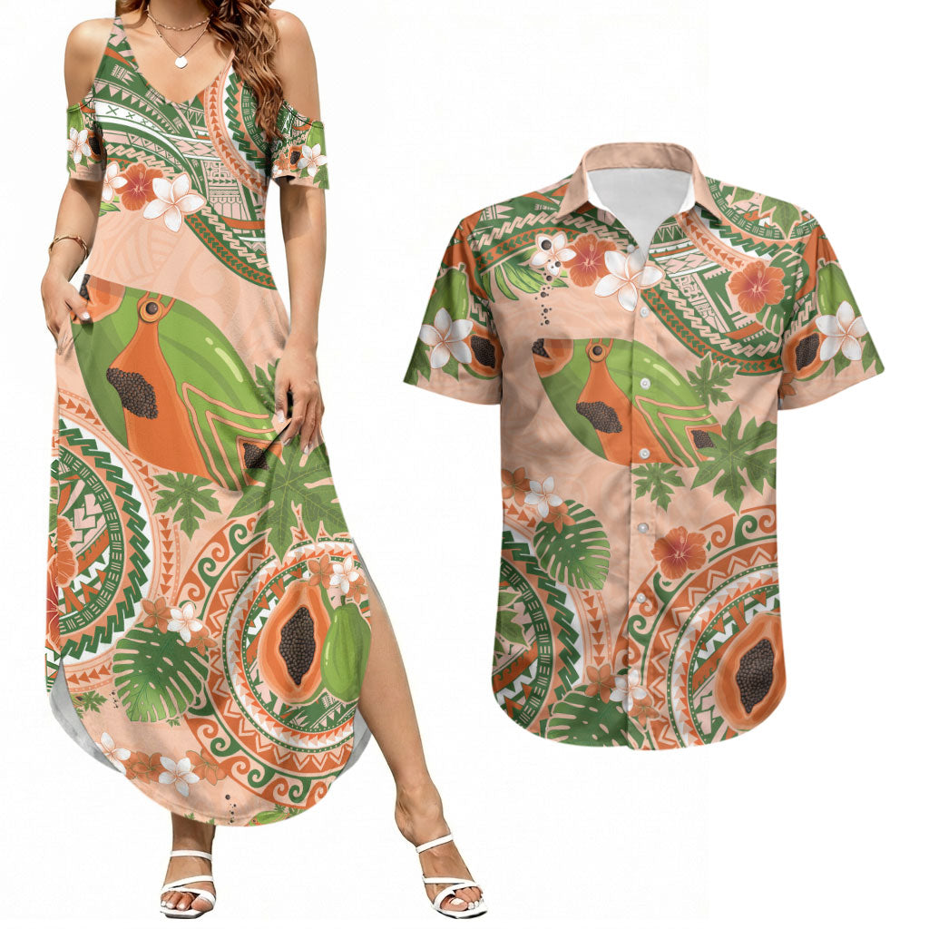 Hawaii Papaya Couples Matching Summer Maxi Dress and Hawaiian Shirt Cute Cosplay Humuhumu Fish Plumeria Waves DT05 Orange - Polynesian Pride