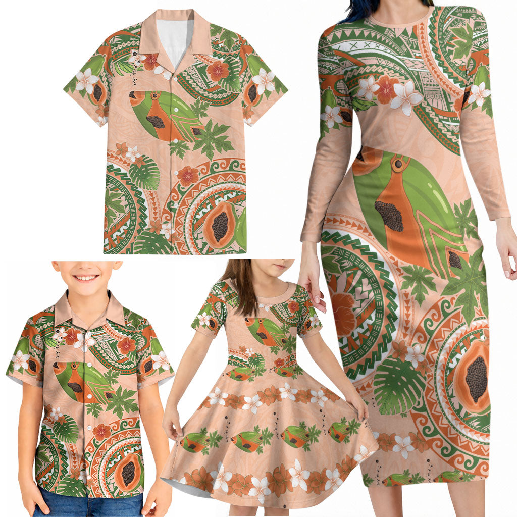 Hawaii Papaya Family Matching Long Sleeve Bodycon Dress and Hawaiian Shirt Cute Cosplay Humuhumu Fish Plumeria Waves DT05 - Polynesian Pride