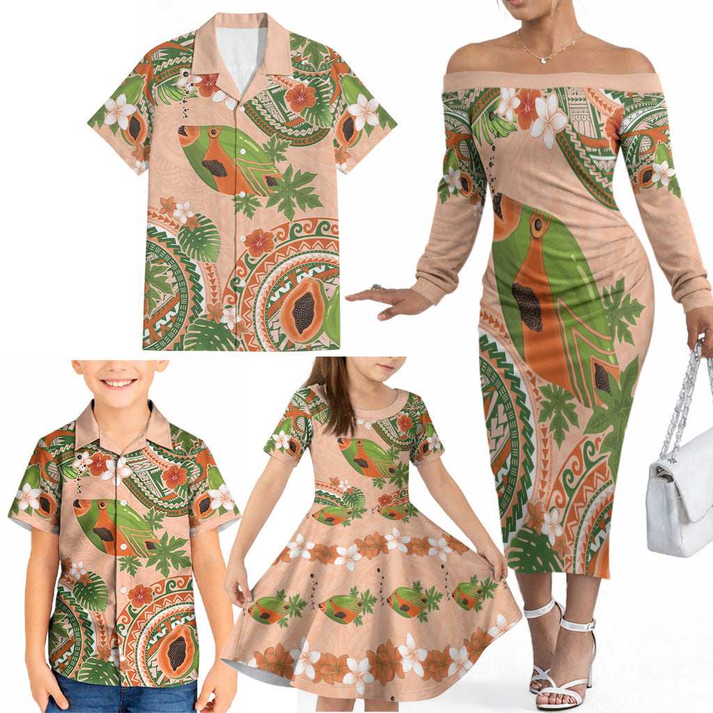 Hawaii Papaya Family Matching Off The Shoulder Long Sleeve Dress and Hawaiian Shirt Cute Cosplay Humuhumu Fish Plumeria Waves DT05 - Polynesian Pride