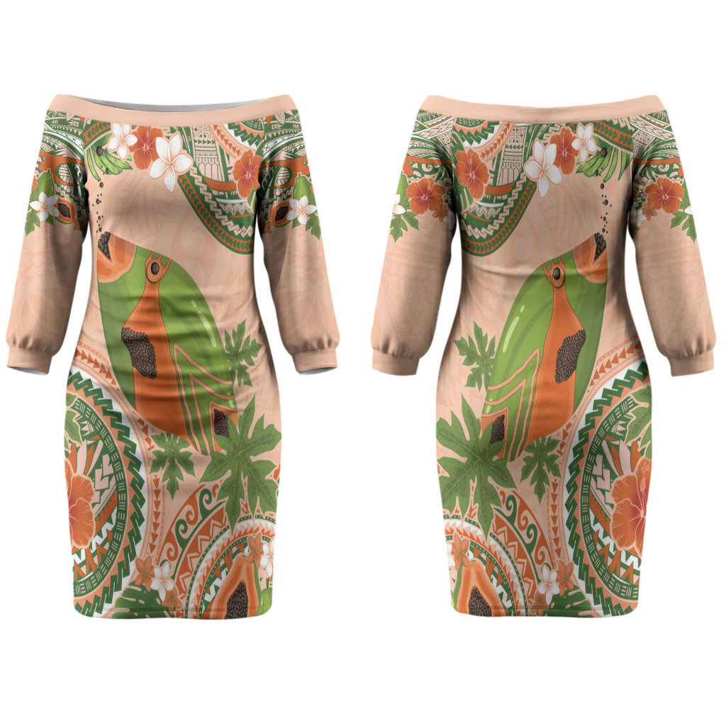 Hawaii Papaya Family Matching Off The Shoulder Long Sleeve Dress and Hawaiian Shirt Cute Cosplay Humuhumu Fish Plumeria Waves DT05 Mom's Dress Orange - Polynesian Pride
