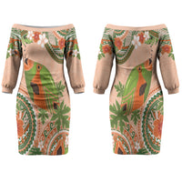 Hawaii Papaya Family Matching Off The Shoulder Long Sleeve Dress and Hawaiian Shirt Cute Cosplay Humuhumu Fish Plumeria Waves DT05 Mom's Dress Orange - Polynesian Pride