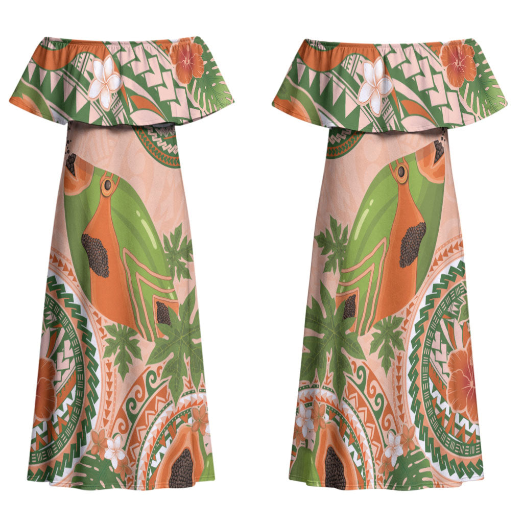 Hawaii Papaya Family Matching Off Shoulder Maxi Dress and Hawaiian Shirt Cute Cosplay Humuhumu Fish Plumeria Waves DT05 Mom's Dress Orange - Polynesian Pride