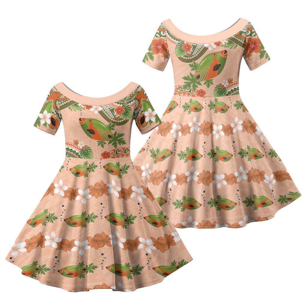 Hawaii Papaya Family Matching Off Shoulder Maxi Dress and Hawaiian Shirt Cute Cosplay Humuhumu Fish Plumeria Waves DT05 Daughter's Dress Orange - Polynesian Pride