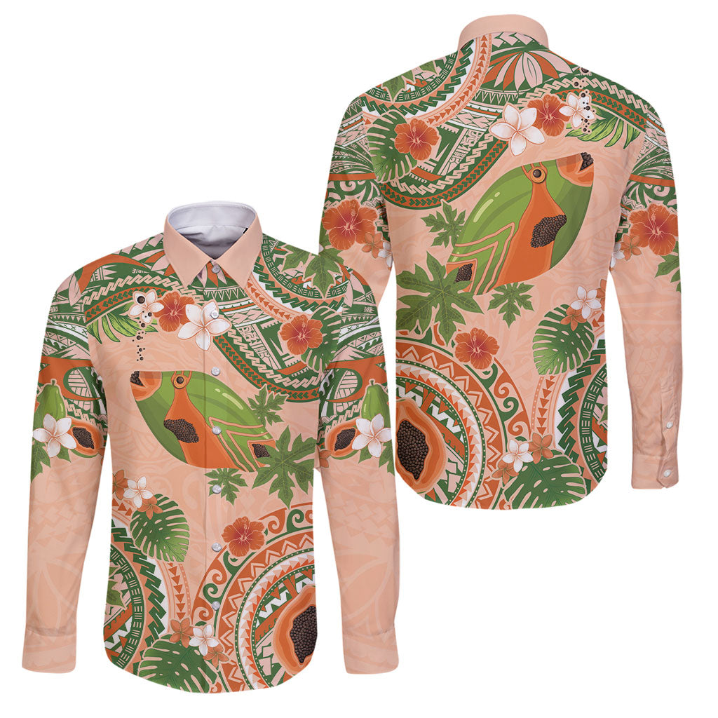 Hawaii Papaya Family Matching Off Shoulder Short Dress and Hawaiian Shirt Cute Cosplay Humuhumu Fish Plumeria Waves DT05 Dad's Shirt - Long Sleeve Orange - Polynesian Pride