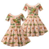 Hawaii Papaya Family Matching Off Shoulder Short Dress and Hawaiian Shirt Cute Cosplay Humuhumu Fish Plumeria Waves DT05 Daughter's Dress Orange - Polynesian Pride