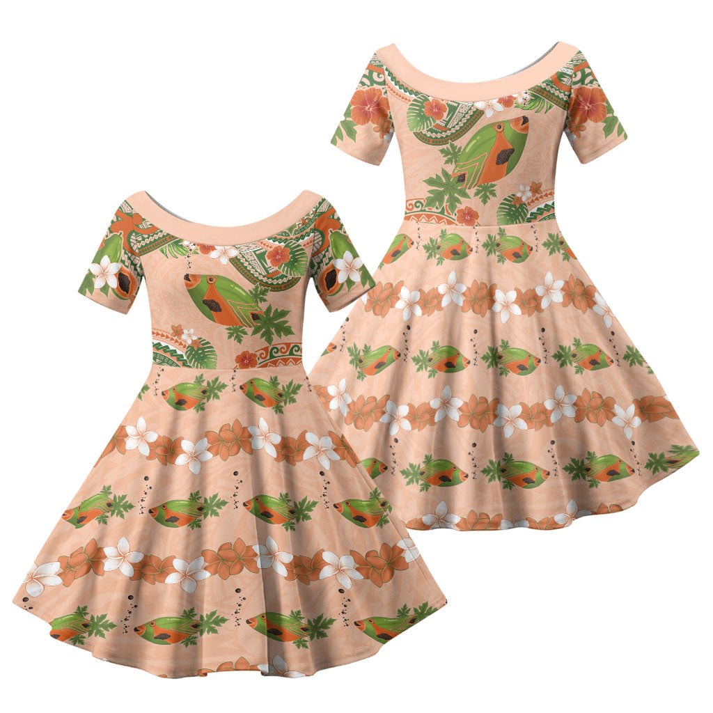 Hawaii Papaya Family Matching Summer Maxi Dress and Hawaiian Shirt Cute Cosplay Humuhumu Fish Plumeria Waves DT05 Daughter's Dress Orange - Polynesian Pride
