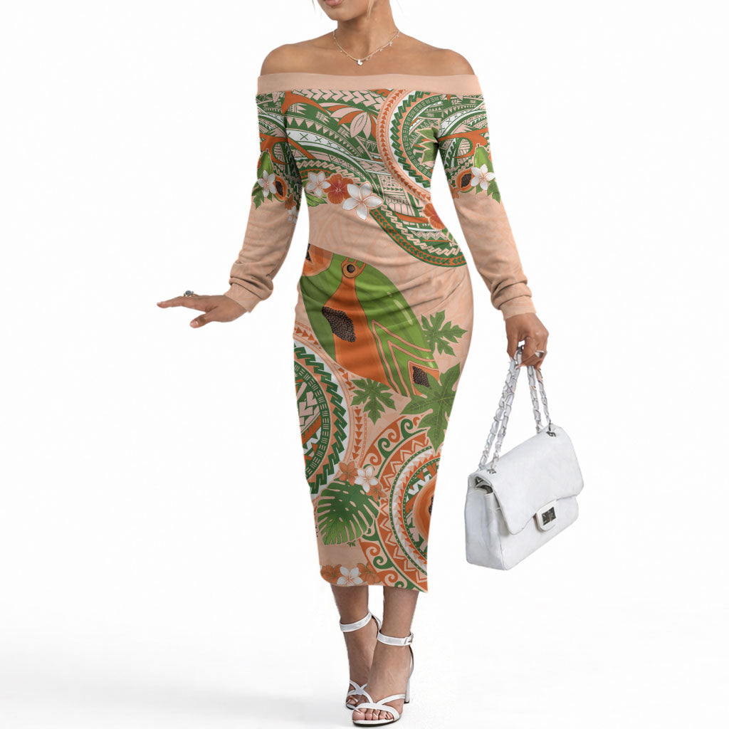 Hawaii Papaya Off The Shoulder Long Sleeve Dress Cute Cosplay Humuhumu Fish Plumeria Waves