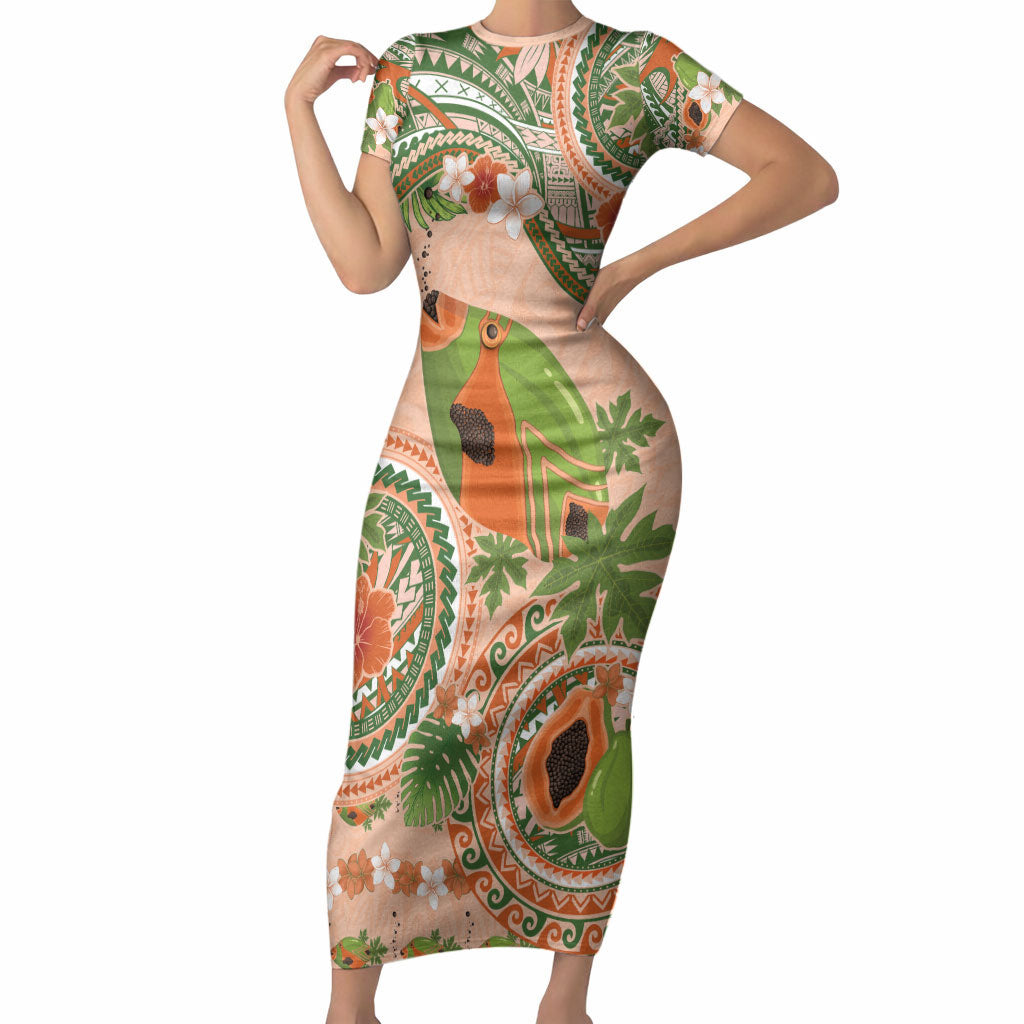 Hawaii Papaya Short Sleeve Bodycon Dress Cute Cosplay Humuhumu Fish Plumeria Waves DT05 Long Dress Orange - Polynesian Pride