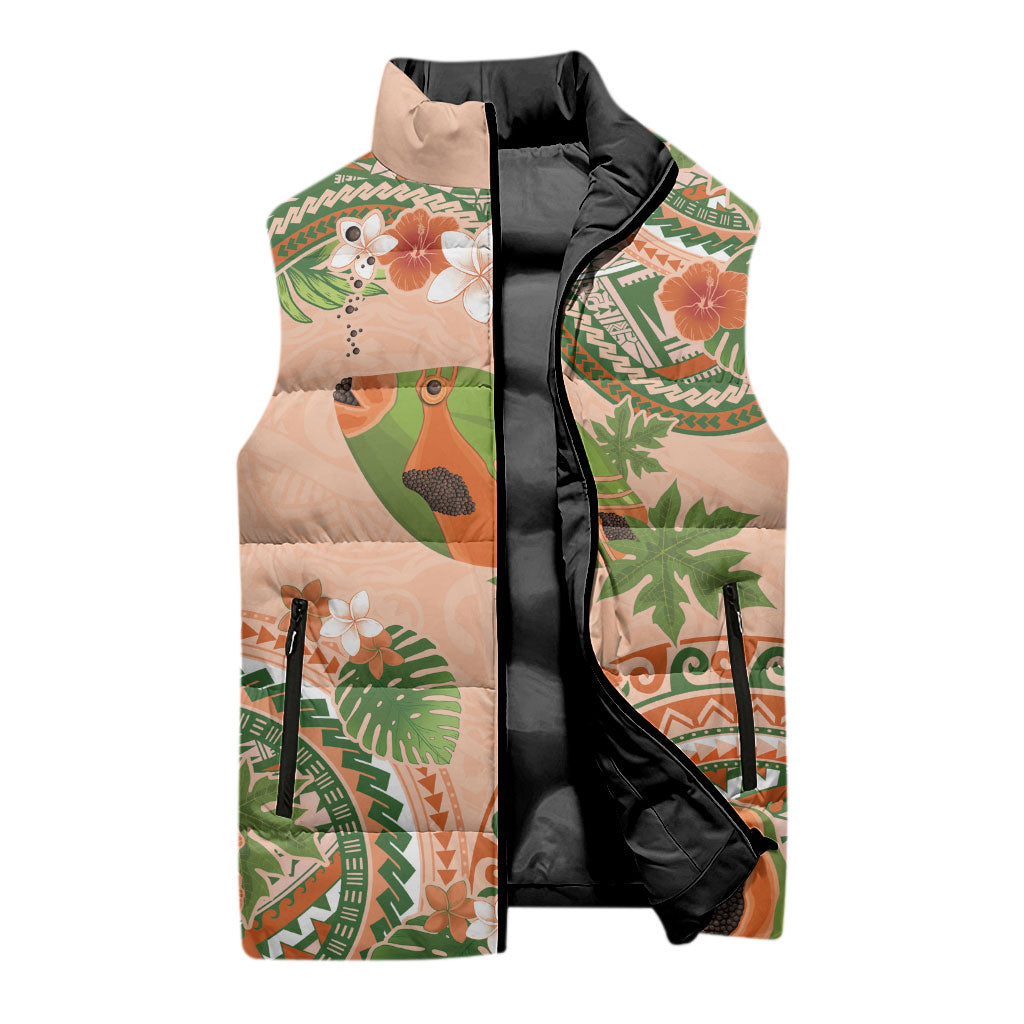 Hawaii Papaya Sleeveless Puffer Jacket Cute Cosplay Humuhumu Fish Plumeria Waves DT05 - Polynesian Pride