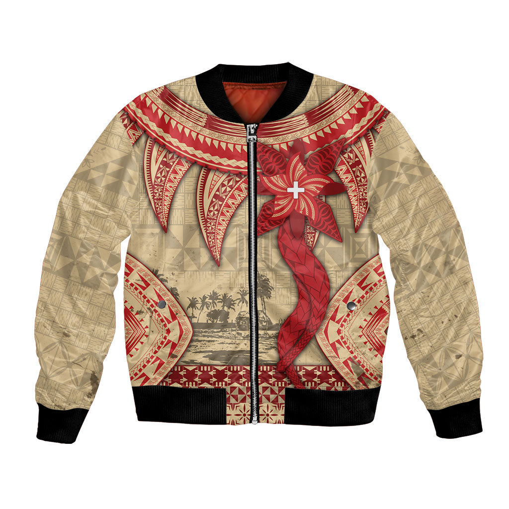 Tonga Language Week Bomber Jacket Tribal Cross Ngatu Floral Pattern