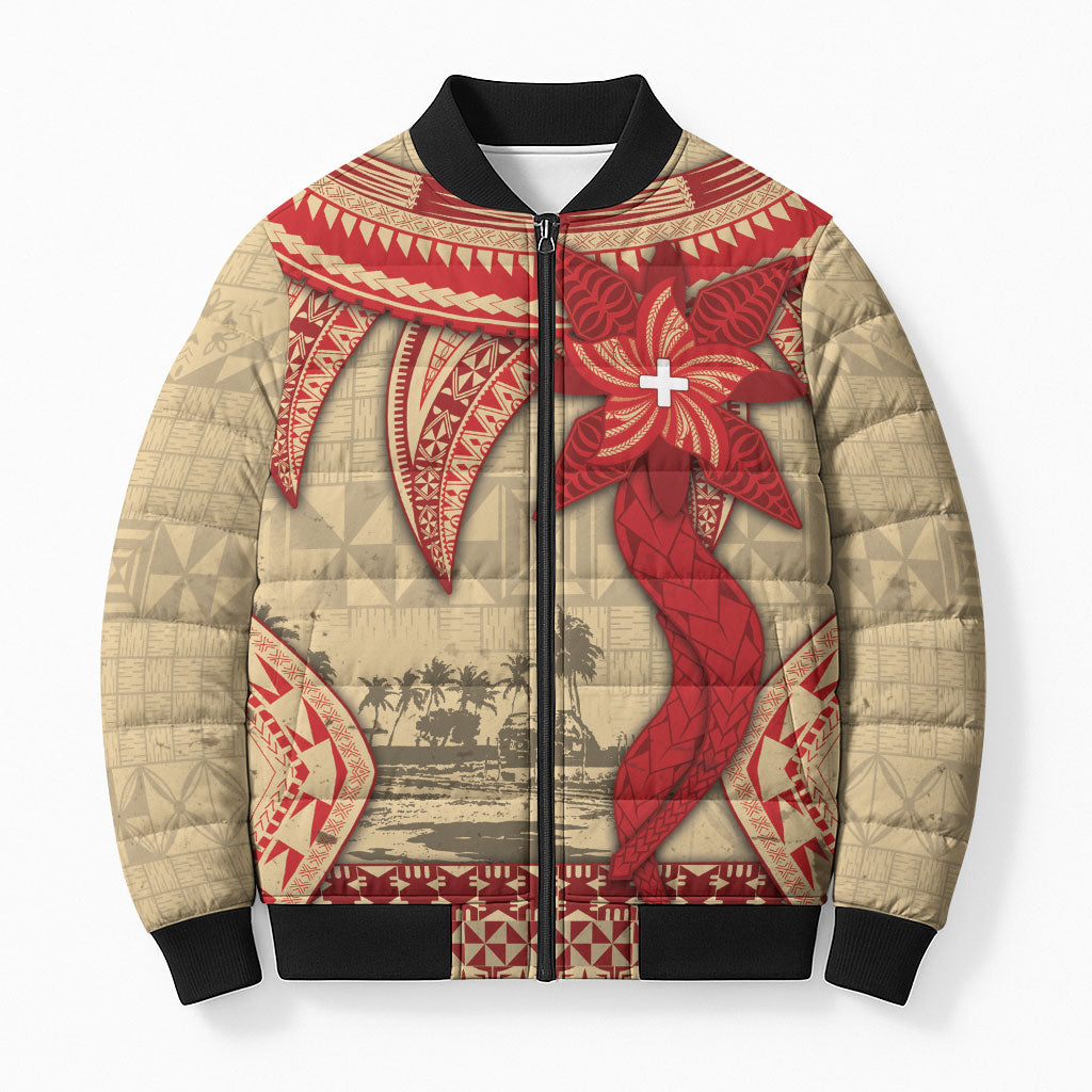 Tonga Language Week Bomber Puffer Jacket Tribal Cross Ngatu Floral Pattern