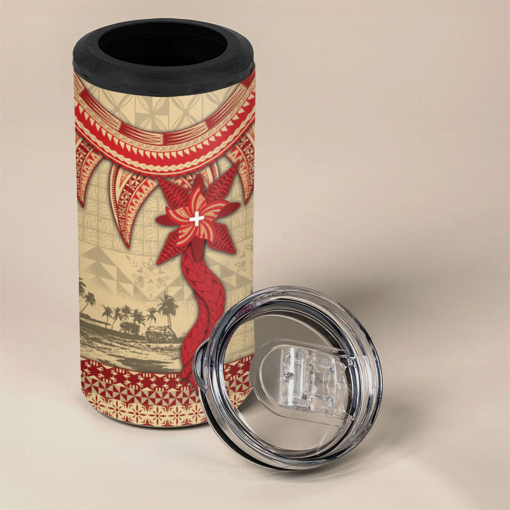 Tonga Language Week 4 in 1 Can Cooler Tumbler Tribal Cross Ngatu Floral Pattern