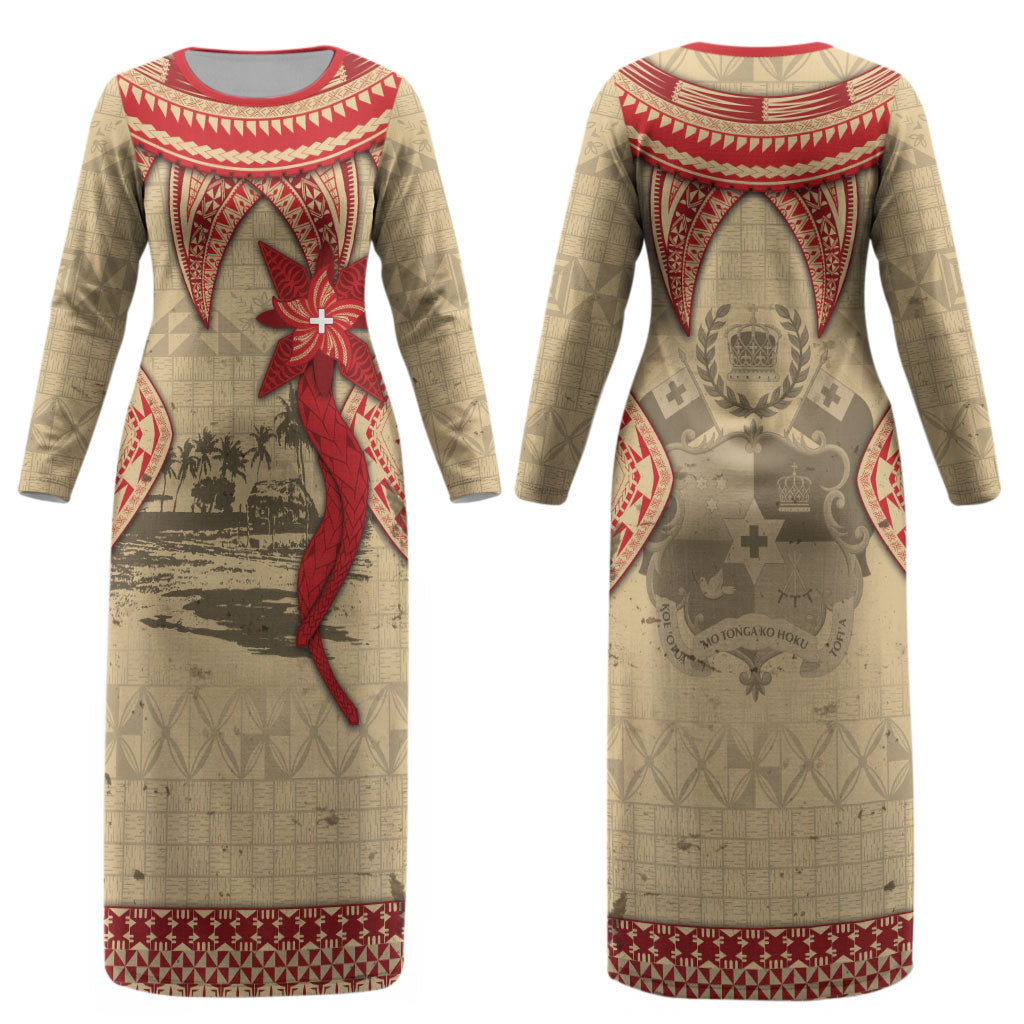 Tonga Language Week Couples Matching Long Sleeve Bodycon Dress and Long Sleeve Button Shirt Tribal Cross Ngatu Floral Pattern