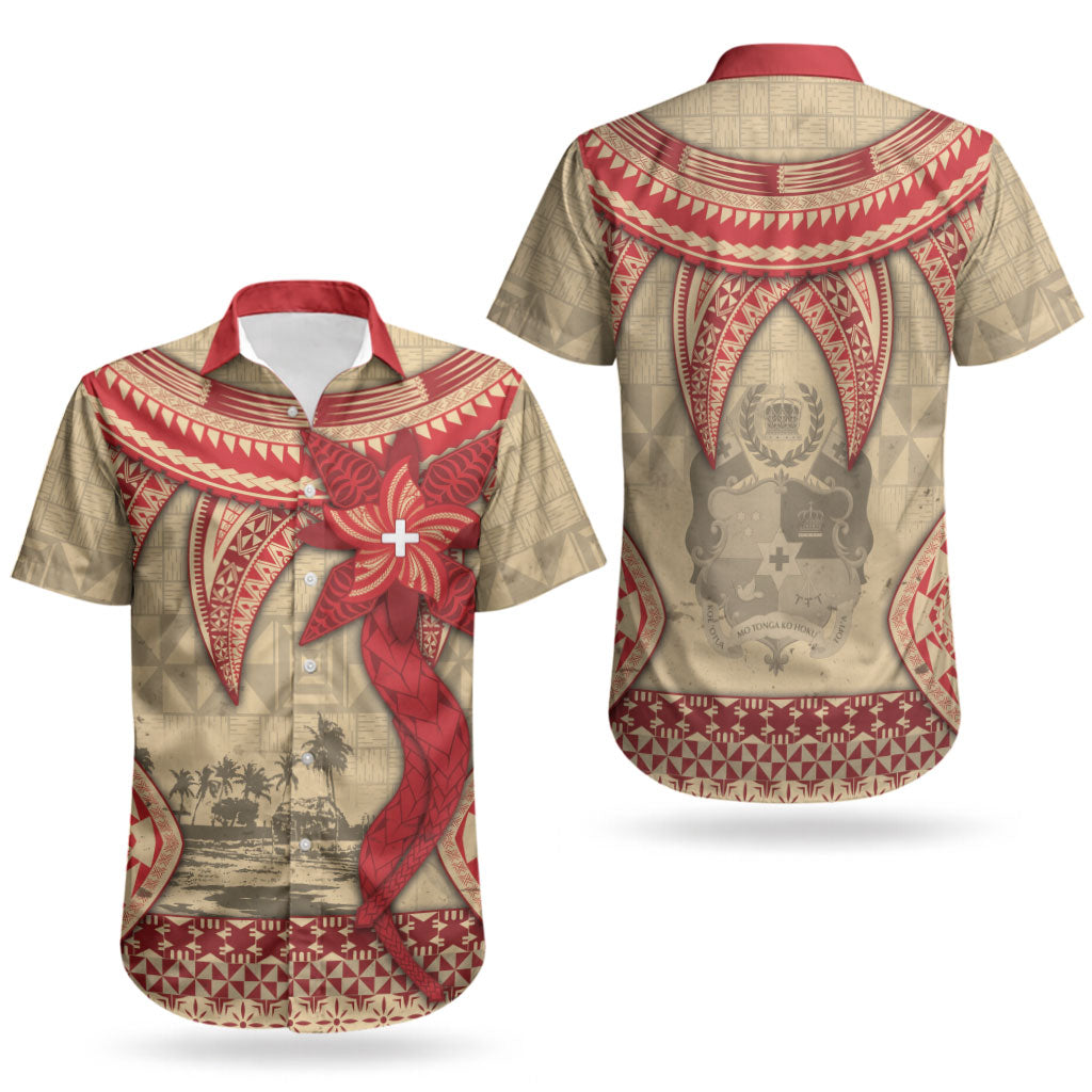 Tonga Language Week Couples Matching Off Shoulder Maxi Dress and Hawaiian Shirt Tribal Cross Ngatu Floral Pattern