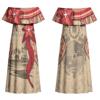 Tonga Language Week Couples Matching Off Shoulder Maxi Dress and Long Sleeve Button Shirt Tribal Cross Ngatu Floral Pattern