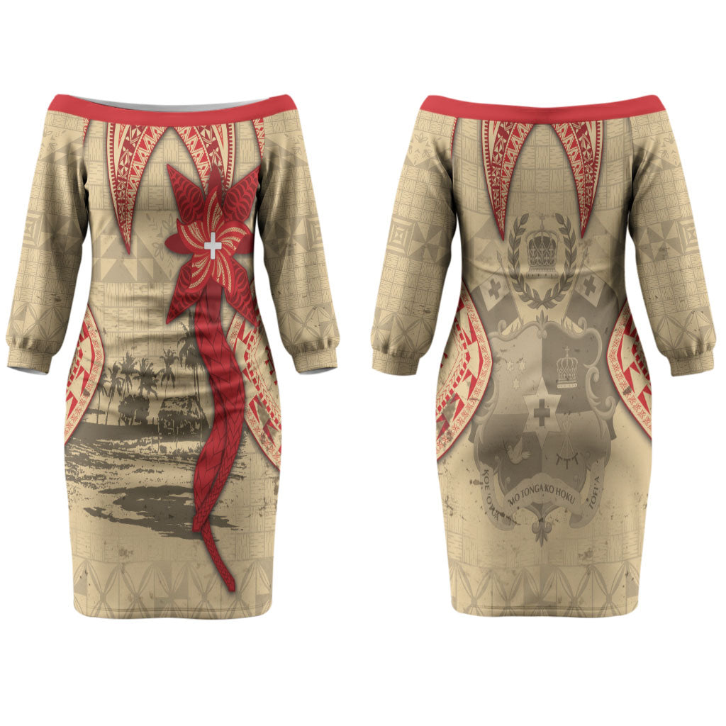Tonga Language Week Couples Matching Off The Shoulder Long Sleeve Dress and Hawaiian Shirt Tribal Cross Ngatu Floral Pattern